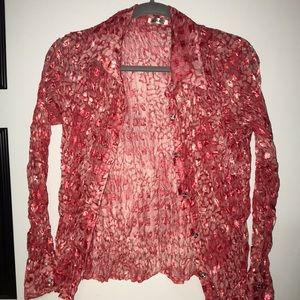 red pink white ruffled button down shirt